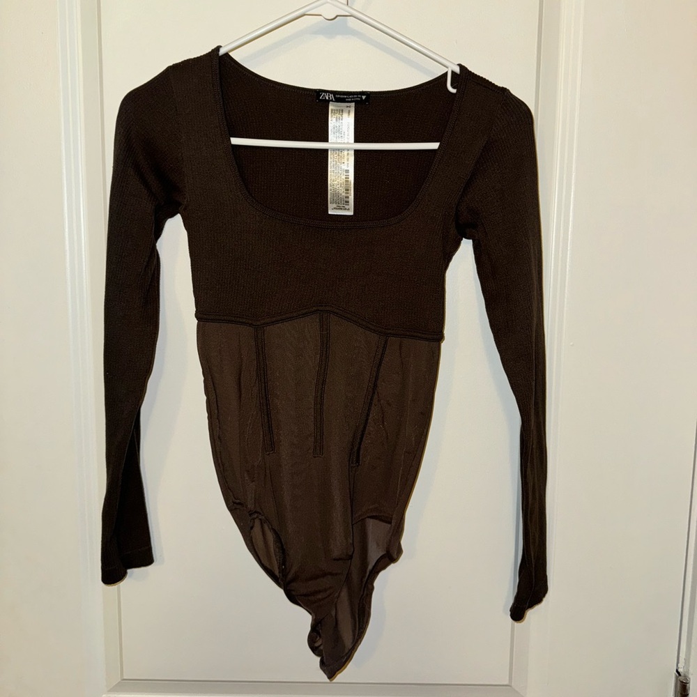 Zara Dark Brown Long Sleeve Bodysuit- Size M